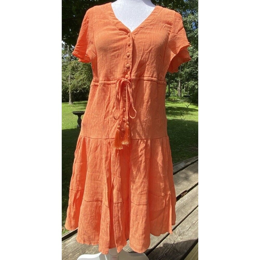 Women Short Sleeve Orange Tie Waist Fit and Flare Dress Taylor Sz Medium Cottage